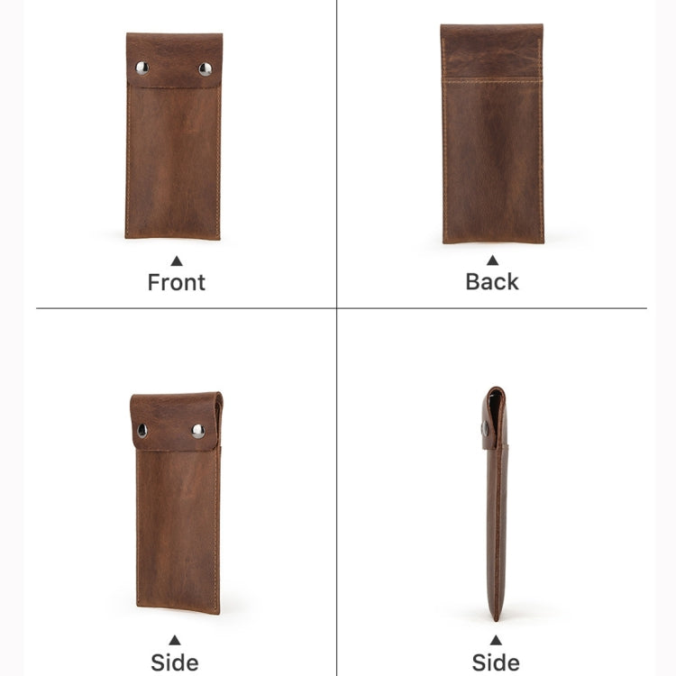 Universal leather watch storage case shown front, back, and side views with snap closure