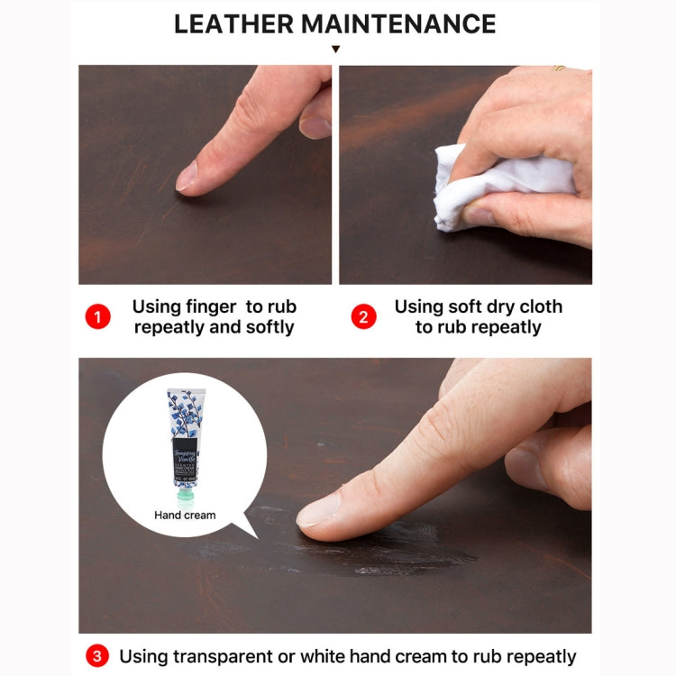 Leather care instruction panel showing hands rubbing and wiping the protective case