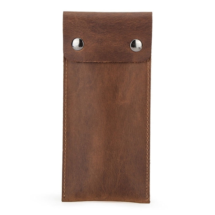 Brown crazy horse leather watch protective case with snap button and visible grain
