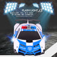 Police-themed remotely deformed car toy with blue-and-white body and bright front LED lights