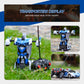 Police robot-car toy displayed in outdoor scene, blue-and-white vehicle with controller