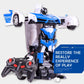 Transforming police car toy with blue core and black controller in front, three-quarter view