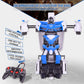 White and blue police robot car with remote controller placed beside it