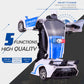 White and blue police transforming car with open mechanical parts and rear wheels