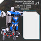 Blue and white police robot car with handheld controller in front of a blank panel