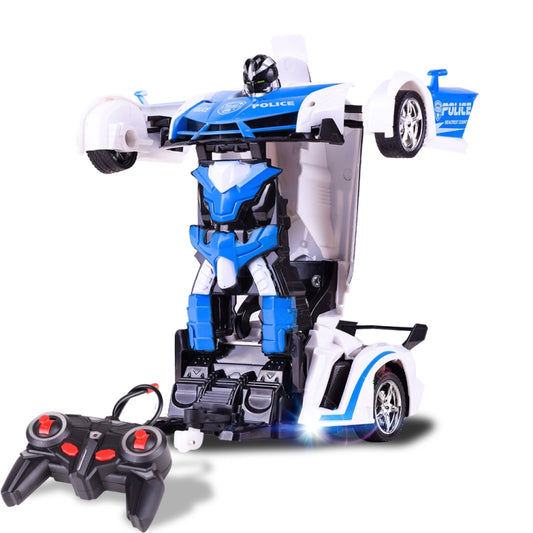 Blue and white police RC deforming robot car toy with handheld controller
