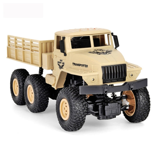 Beige/yellow six-wheel RC military truck toy with open cargo bed and large off-road tires