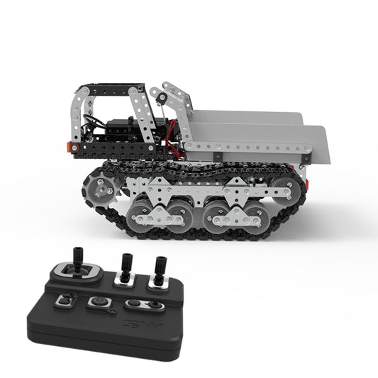 RC dump truck toy with raised metal dump bed and handheld controller in foreground