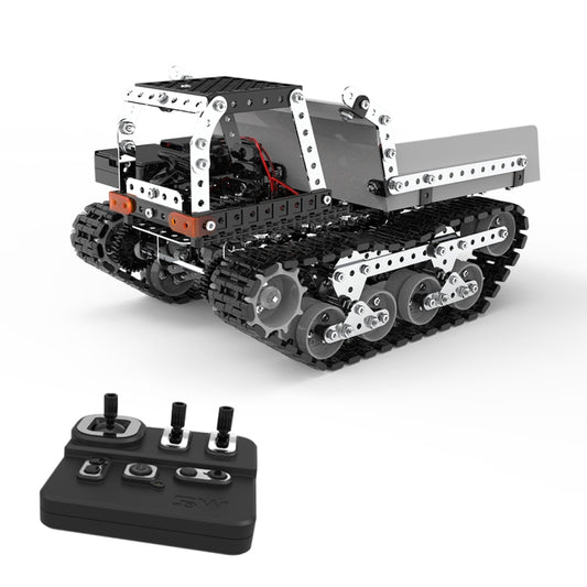RC dump truck toy with metal frame, black tracks, and handheld controller