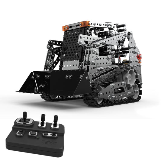 Assembled RC caterpillar forklift toy with front bucket and black remote controller