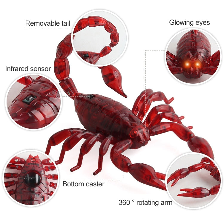 Red scorpion toy with glowing eyes and 360 rotating arm
