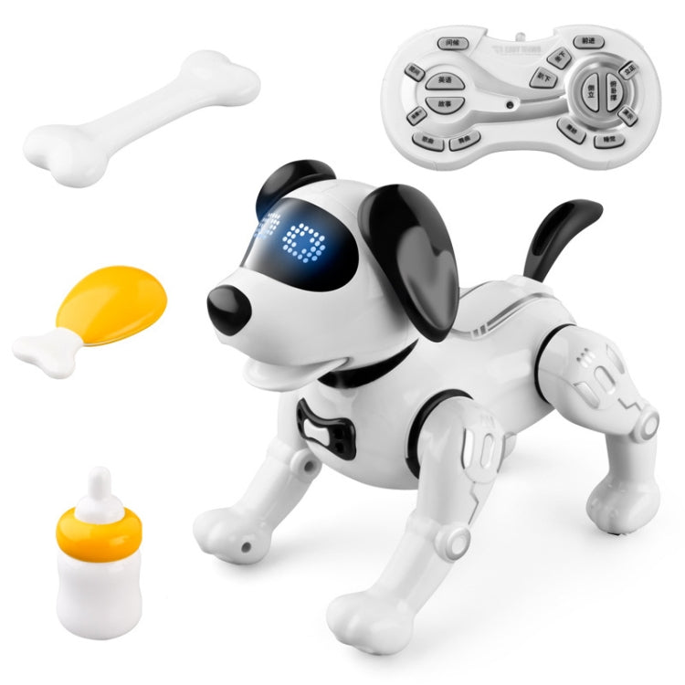 White remote-controlled robot dog toy with glowing LED face and bone accessory
