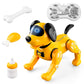 Yellow remote-controlled robot dog toy with glowing LED face and bone accessory