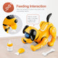 Yellow remote robot dog toy lying down with feeding bottle accessory