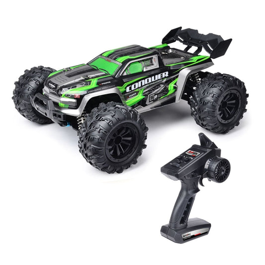 Green and black 1:16 RC 4WD monster pickup truck with large rugged tires and remote