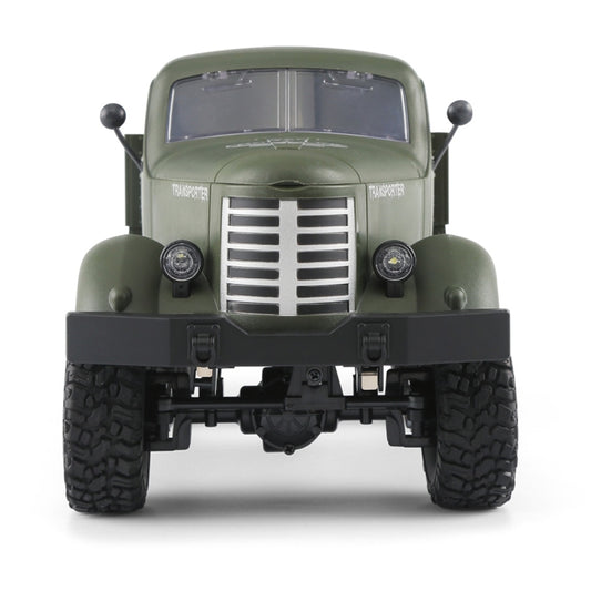 Army green RC military truck front view with split grille and round headlights