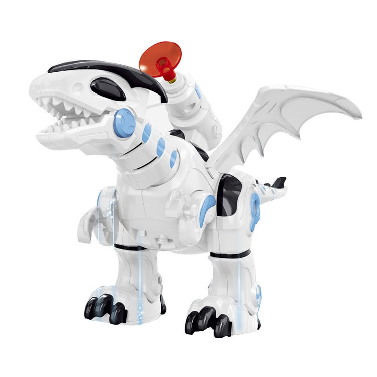 White electric walking dinosaur toy with blue accents, black feet, and orange head light