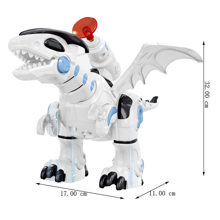 White electric dinosaur toy with blue panels, red head light, and raised clawed wings