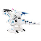 White and blue fighting dinosaur toy with black claws and pink launcher on back