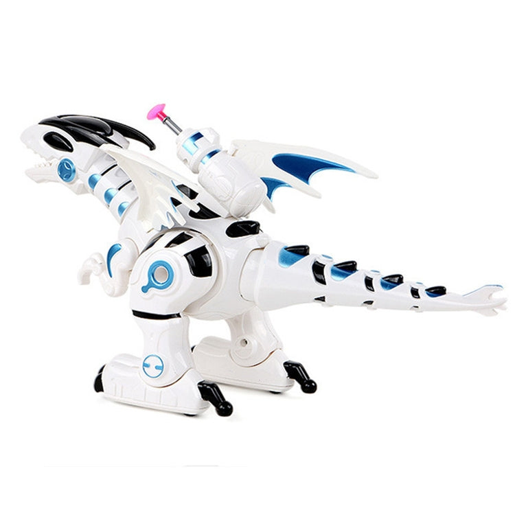 White and blue fighting dinosaur toy with black claws and pink launcher on back