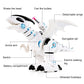 White electric dinosaur toy with detachable wings, swing tail, and wheeled foot steps