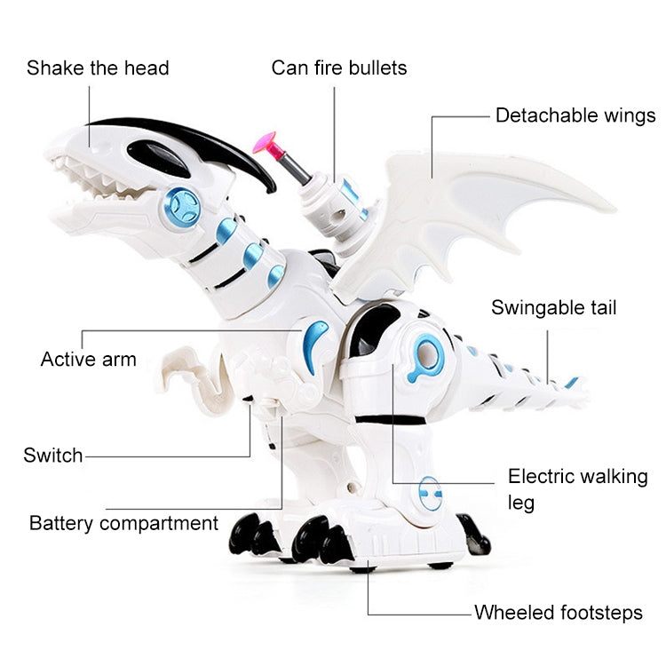 White electric dinosaur toy with detachable wings, swing tail, and wheeled foot steps