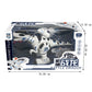 Boxed white and blue electric dinosaur toy with orange head light and clawed feet