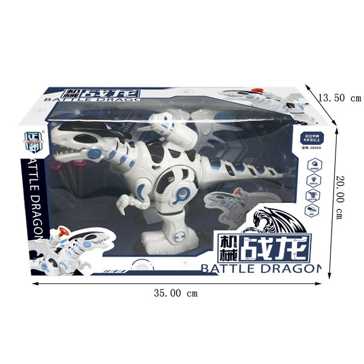Boxed white and blue electric dinosaur toy with orange head light and clawed feet
