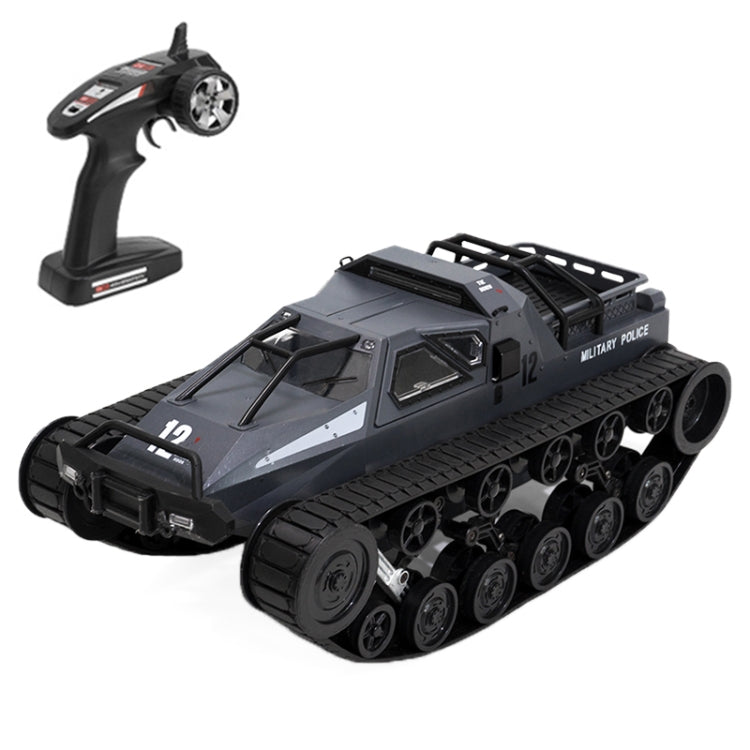 RC tracked tank model toy in dark gray with black remote controller