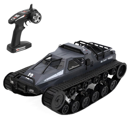 RC tracked tank model toy in dark gray with black remote controller