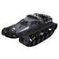 RC military-style tracked tank model in dark gray with rubber tread tracks