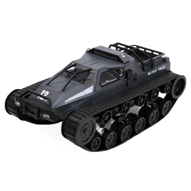 RC military-style tracked tank model in dark gray with rubber tread tracks