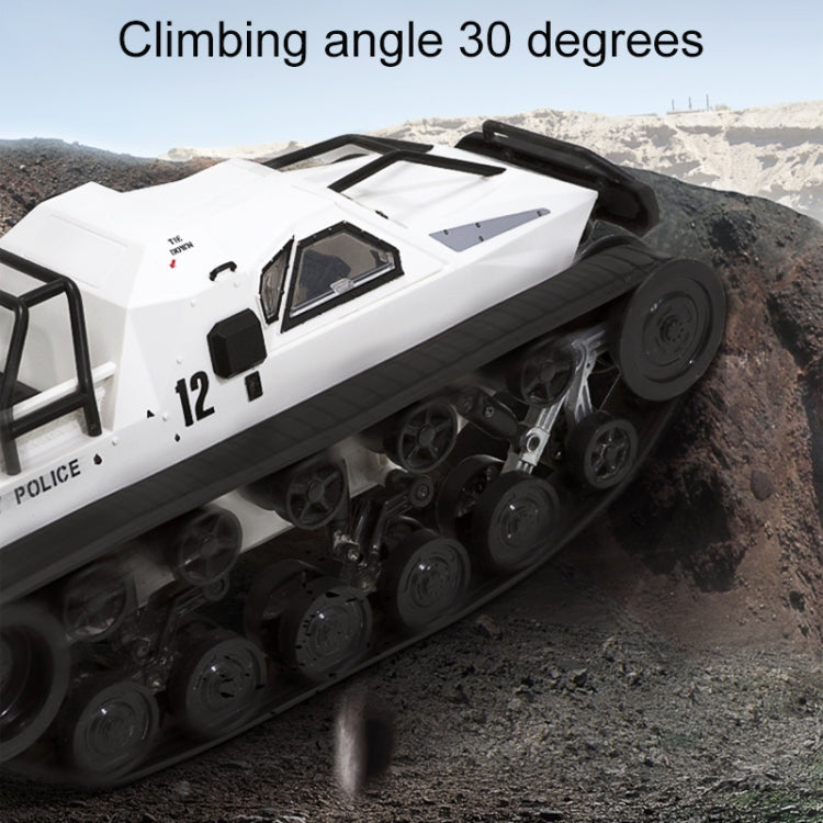 White remote control military tank with black tracks, angled side view on rugged ground