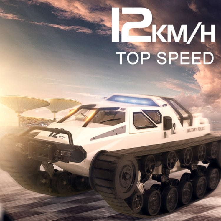 White RC military tank with black tracks, front three-quarter view on road surface