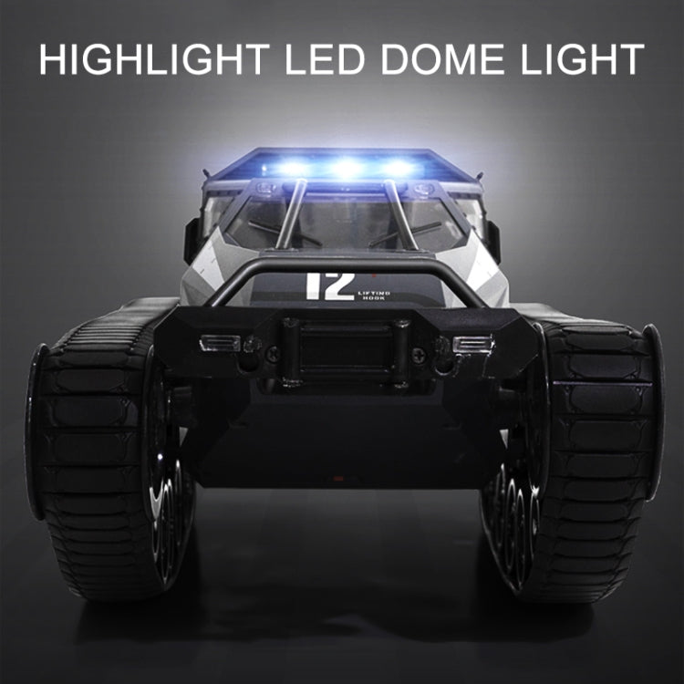Front view of white RC military tank with blue dome LED light and black tracks