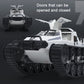 White RC military tank with doors that open and close, black tracks, angled side view