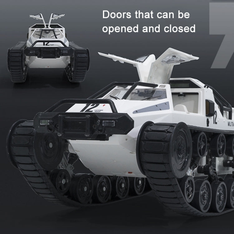 White RC military tank with doors that open and close, black tracks, angled side view