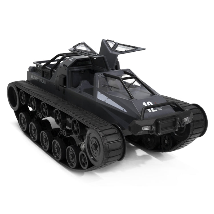RC tracked tank model toy in dark gray with rear turret and hatch details