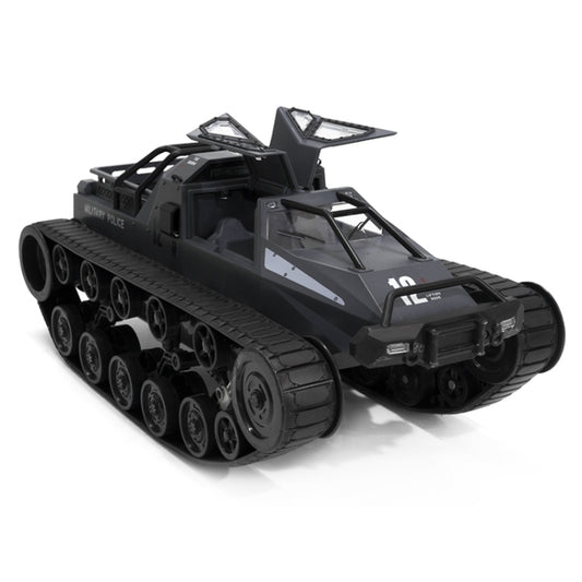 RC tracked tank model toy in dark gray with rear turret and hatch details