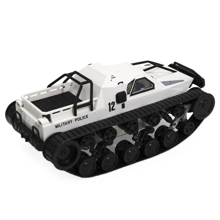 RC military-style tracked tank model in white with rubber tread tracks