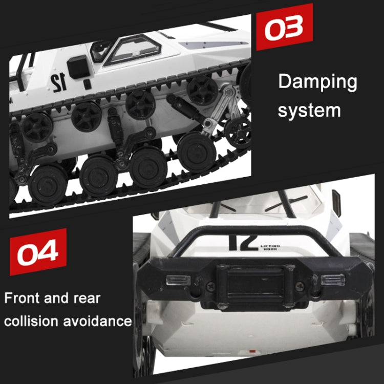 White RC tank model track and suspension close-up detail
