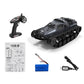 RC tracked tank kit with dark gray tank, remote, manual, battery, and charger