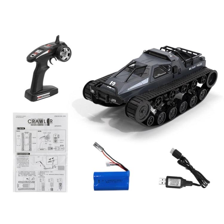 RC tracked tank kit with dark gray tank, remote, manual, battery, and charger
