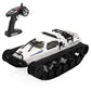 White RC military tank toy with black tracks and handheld remote controller