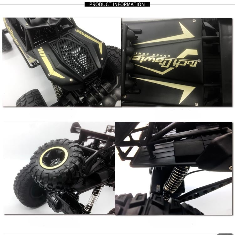RC climbing truck details collage: front grille, side panel graphic, tires, suspension