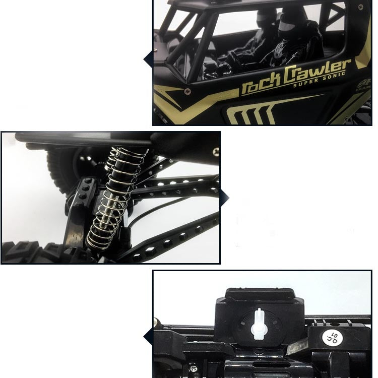 RC climbing truck close-ups: side decal, metal shock springs, chassis components