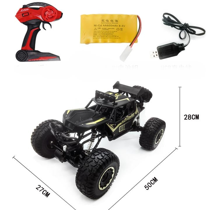 RC off-road climbing truck toy set with red controller, battery pack, and cables