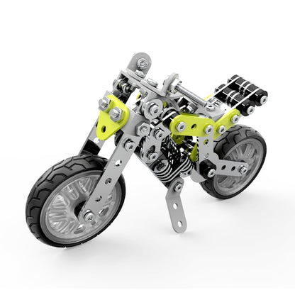 DIY stainless steel street motorcycle model with lime green accents and front wheel