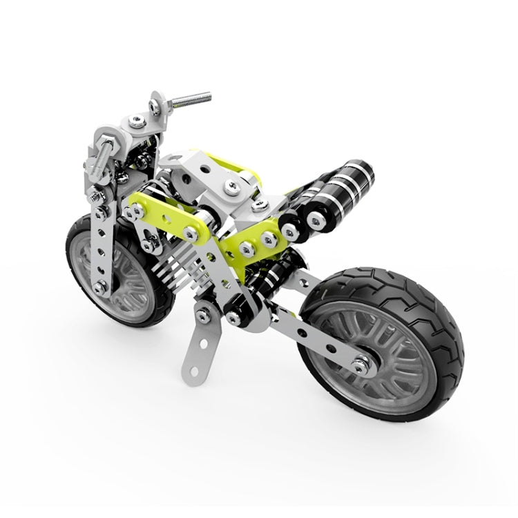 DIY stainless steel street motorcycle model from side angle with lime green frame