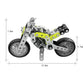DIY stainless steel street motorcycle model with lime green accents, shown with size chart